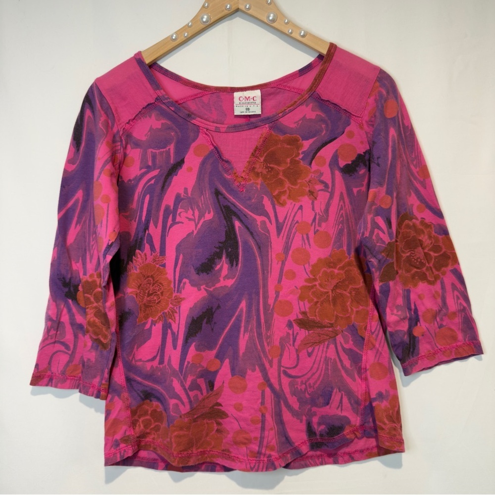 C.M.C. by Color Me Cotton Abstract Floral Cotton Top XS USA Made, Boho Artsy Y2K